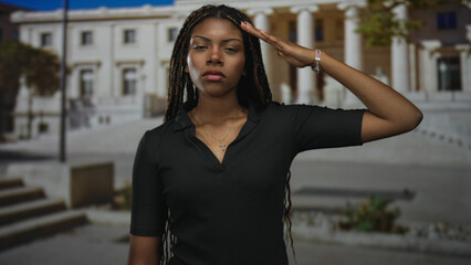 African american woman salutes with hand to forehead in front of building, wearing black top and cross necklace, braids visible; respect duty determination.