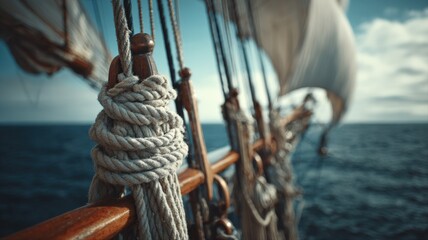 Obraz premium Sailing Vessel Detail: Close-Up of Knotted Rope on a Classic Tall Ship with Ocean View