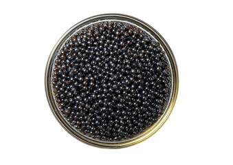 Shiny black roe fills a circular container, top-down view on a dark field