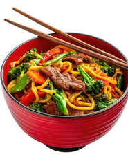 Stir-fried noodles with beef and colorful vegetables served in a red bowl