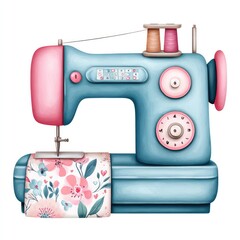 Charming watercolor cartoon sewing machine clipart for craft projects and design on white background