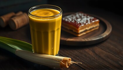 Golden milk beverage paired with layered dessert and natural spices, showcasing an authentic ayurvedic inspired refreshment scene.