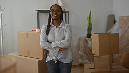 Woman unpacking boxes in a new home interior, wearing glasses and casual clothing, with a focus on...