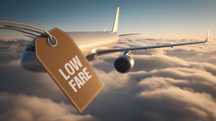 Airplane Flying Above Clouds with Discount Tag Promoting Low Fares for Commercial Air Travel