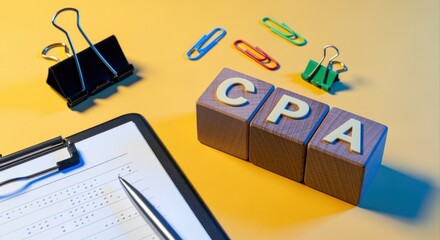 Certified Professional Accountant Concept: Wooden Blocks Spelling CPA on Yellow Background with Stationery