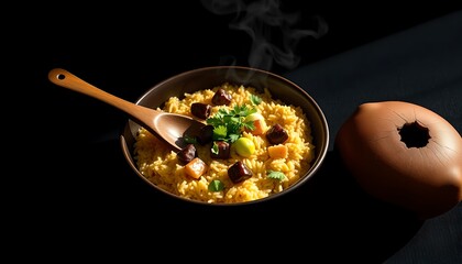 Steaming savory oat porridge cooked in a skillet with fresh herbs and rustic presentation on a dark background.