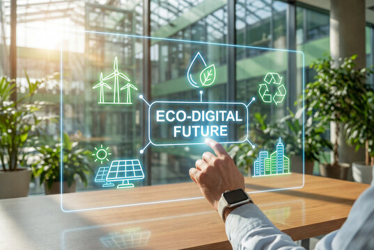 Businessman touching ECO-DIGITAL FUTURE holographic interface with green energy icons. Concept of sustainable technology, environmental digital transformation, and eco-friendly urban planning. - Powered by Adobe