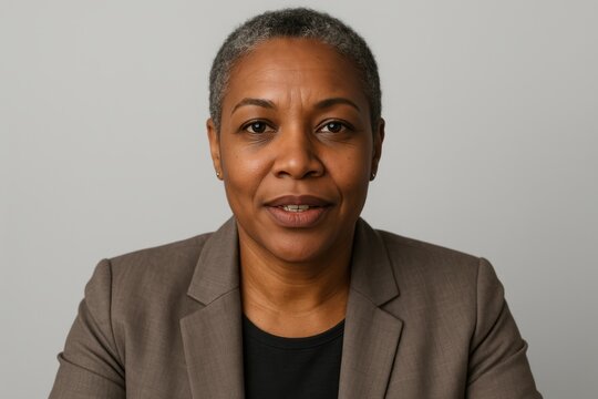 Confident mature professional woman with short gray hair wearing blazer, friendly expression and direct eye contact against neutral background