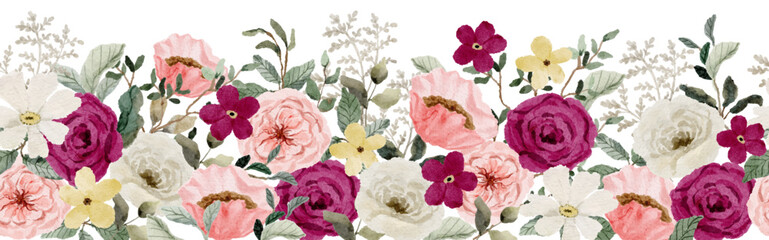 pink white floral watercolor seamless border