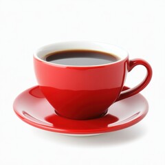 Fototapeta premium Red ceramic coffee cup filled with black coffee on matching saucer isolated on clean white background