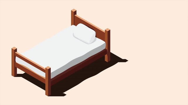 Isometric wooden bed with mattress animation. Isometric single bed. Wooden bed frame with mattress, pillow, and blanket. Isometric bedroom furniture. 4K video animated in isometric style
