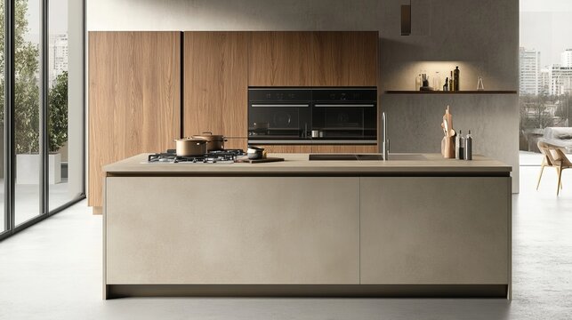 A stylish apartment kitchen features a beige island with a wooden cabinet, concrete floors, sink, stove, and cookware.
