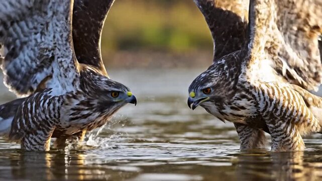 Two raptors wade in a calm pool, beaks just above water as they chase glimpsed fish. in soft light!!