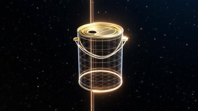 A transparent bucket rendered with glowing edges, suspended in a starry background, creating a futuristic and surreal atmosphere