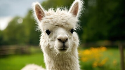 Obraz premium Close-up Portrait of a White Alpaca in a Lush Green Field, Captured in Stunning Detail