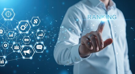 Digital Ranking Improvement Strategy with Businessman Touching Virtual Interface for Online Business Growth