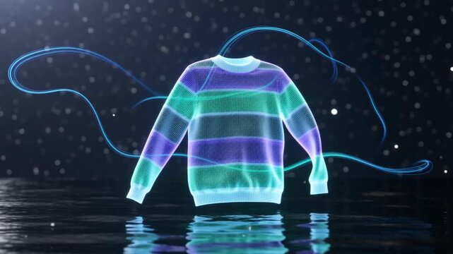 A vibrant sweater appears to float in a dark, starry background, illuminated with colorful holographic effects and sparkling lights