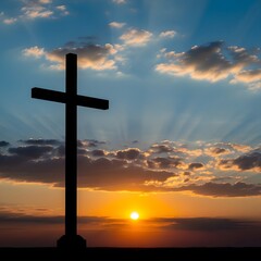 Easter sunday morning sunrise with christian cross symbolizing resurrection hope