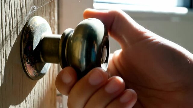 Close-up view of a vintage brass door knob reflecting sunlight, with wooden door texture in the background and soft focus effect emphasizing warmth