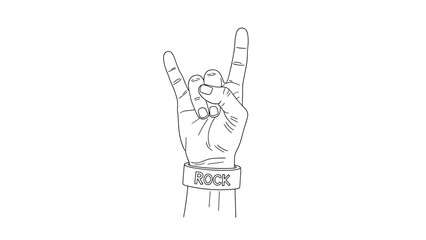 Hand-drawn rock and roll hand gesture illustration featuring a wristband with the word rock on a simple white background.
