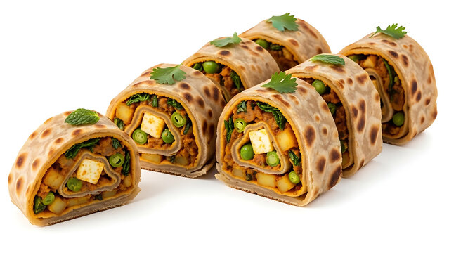 Delicious sliced paneer tikka wraps or vegetable kathi rolls filled with spiced cheese, peas and potatoes, traditional Indian street food rolls, gourmet flatbread wraps garnished with fresh mint, heal