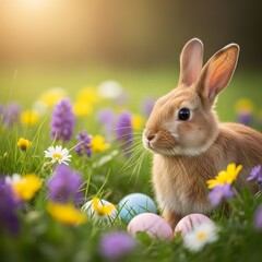 Fototapeta premium Easter sunday celebration with bunny and colorful eggs in blooming garden
