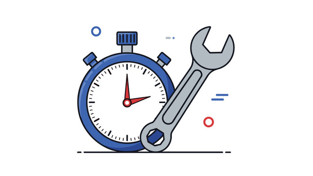 Maintenance efficiency and quick repairs are symbolized by a large blue stopwatch and a mechanical wrench.