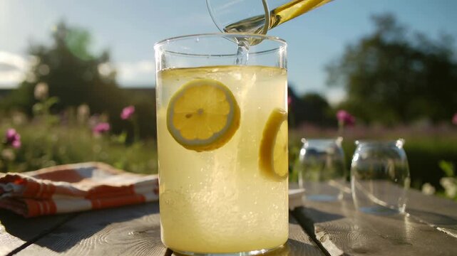 Refreshing lemonade pour in sunlit garden with summer vibes. National Lemonade Day