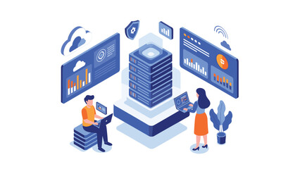 IT professionals manage cloud database servers and monitor network security on multiple digital dashboard screens.