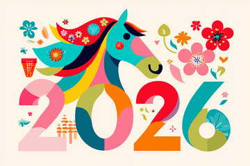 2026 year of the horse, colorful modern pop art flat illustration, vivid colors cute zodiac horse head with floral ornaments and patterns