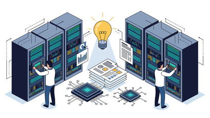 Technicians maintain a high performance server room with bright ideas for innovative data storage and infrastructure.