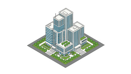 Isometric office building architecture with a modern skyscraper design featuring green landscapes and walkways.