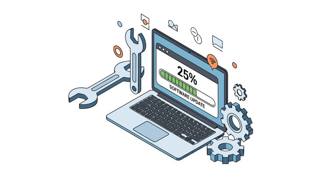 Software update progress on a laptop with maintenance tools and gear icons representing system optimization and repair.
