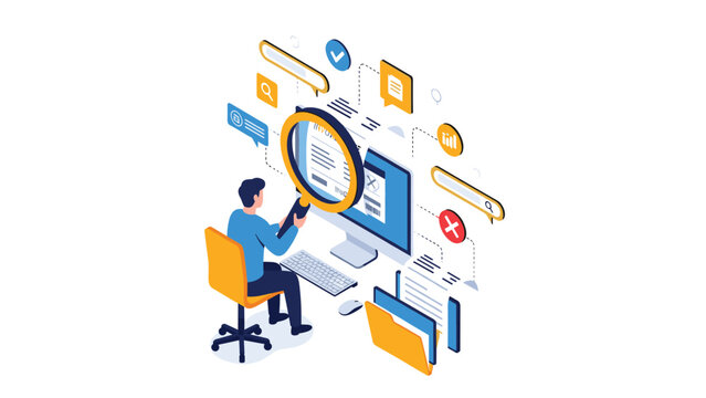 Document auditing and data search concept with a professional analyzing financial files on a computer with a magnifying glass.