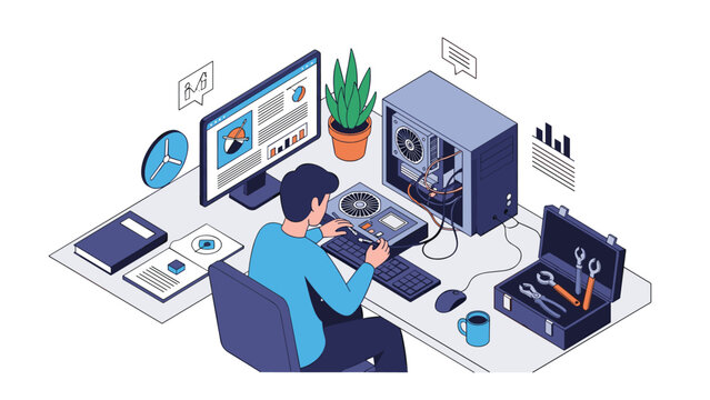 Computer repair technician works on an open desktop pc case with professional tools and diagnostic software.