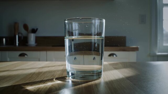 National Hangover Day. Sunlit water glass on wooden table capturing light and shadow in kitchen setting
