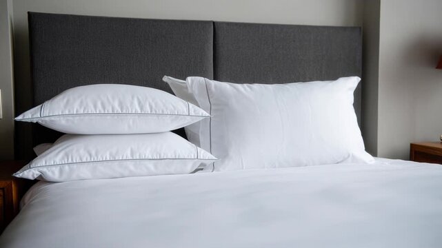Fluffy pillows fluffing on cozy bed with modern d&eacute;cor in tranquil bedroom