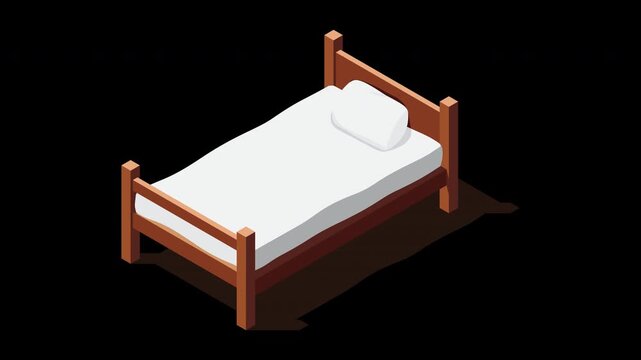 Isometric wooden bed with mattress animation. Isometric single bed. Wooden bed frame with mattress, pillow, and blanket. Isometric bedroom furniture. Transparent background with alpha channel