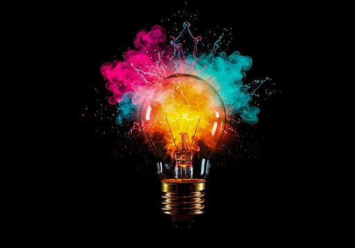 Incandescent light bulb exploding with colorful smoke and paint splashes idea innovation - Powered by Adobe