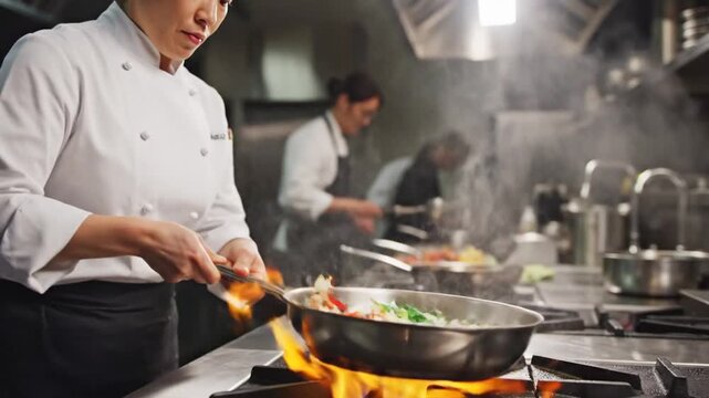 A focused chef in a white coat tosses peppers and greens in a sizzling wok as flames leap, sparks fly