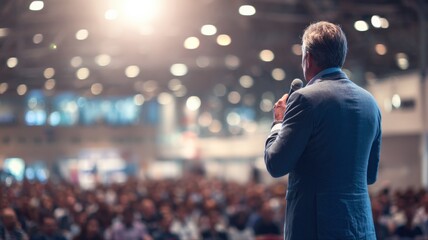 Confident Speaker Addressing Audience at Conference, Delivering a Dynamic Presentation with Stage Presence