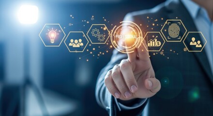 Businessman touches digital interface displaying business strategy icons, showcasing innovation, teamwork, security, and data analysis