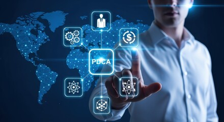 PDCA Cycle Visualization: Business Man Interacting with Plan Do Check Act Digital Interface