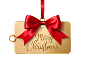 Gold Merry Christmas Ornament with Red Bow on white background isolated on a transparent background