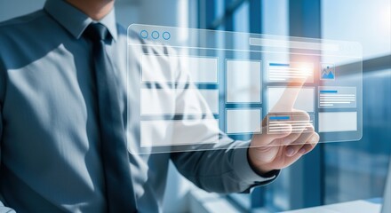 Businessman Interacting with Futuristic Transparent Interface Display, Showcasing Technology and Modern Data Visualization for Business Applications
