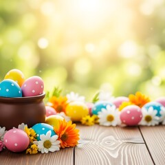 Fototapeta premium Easter sunday celebration with colorful eggs and flowers on wooden table