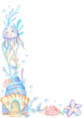 Bottom left corner of seashell house, jellyfish and starfish characters, corals and seaweeds, bubbles. Underwater kingdom clipart. Hand-drawn watercolor illustration for postcards, posters, frames