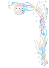 Top right corner of seahorse and pufferfish characters, corals and seaweeds, seashells, bubbles. Underwater kingdom clipart. Hand-drawn watercolor illustration for postcards, posters, frames