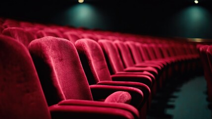 Obraz premium Empty Theater Seats: Rows of Red Velvet Seating in a Classic Entertainment Venue