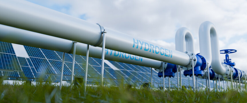 hydrogen pipeline of energy sector toward to ecology,carbon credit,Clean Energy,secure,carbon neutral,transformation,H2,solar power plant and energy sources balance to replace natural gas.3d rendering